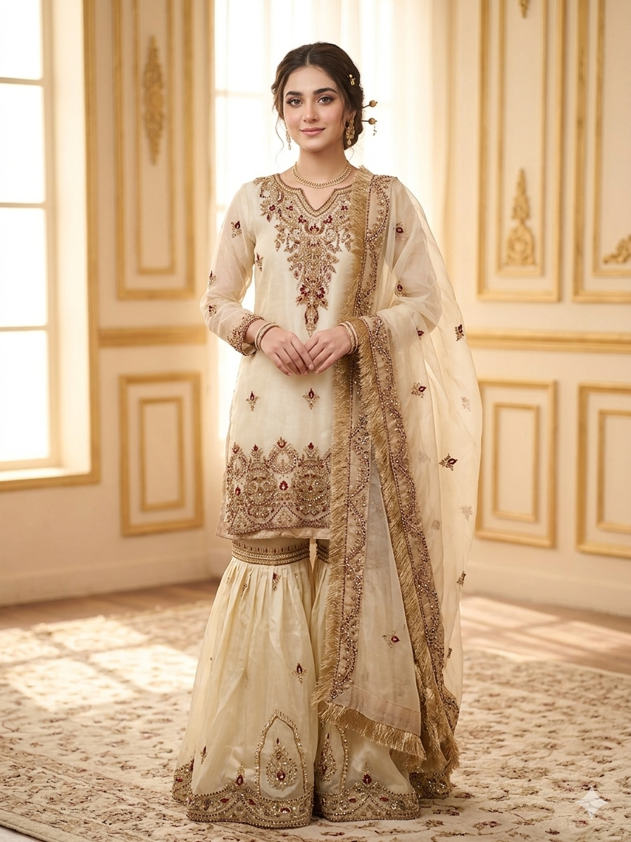 Glamorous Embroidered Offwhite Gharara bridal dress