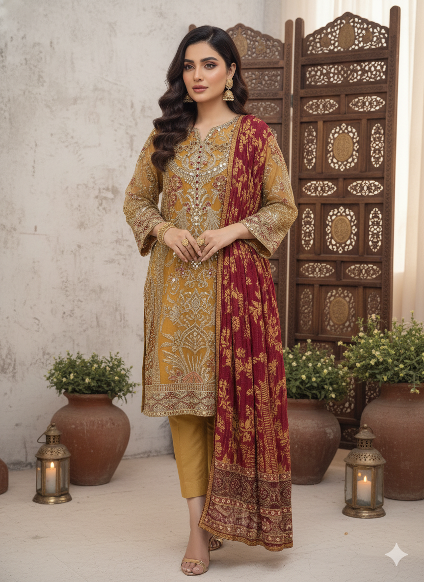 Heavy Embroidered Golden dress for wedding