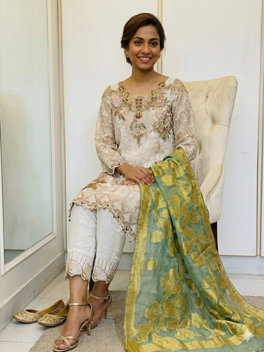 Embroidered White organza Suit