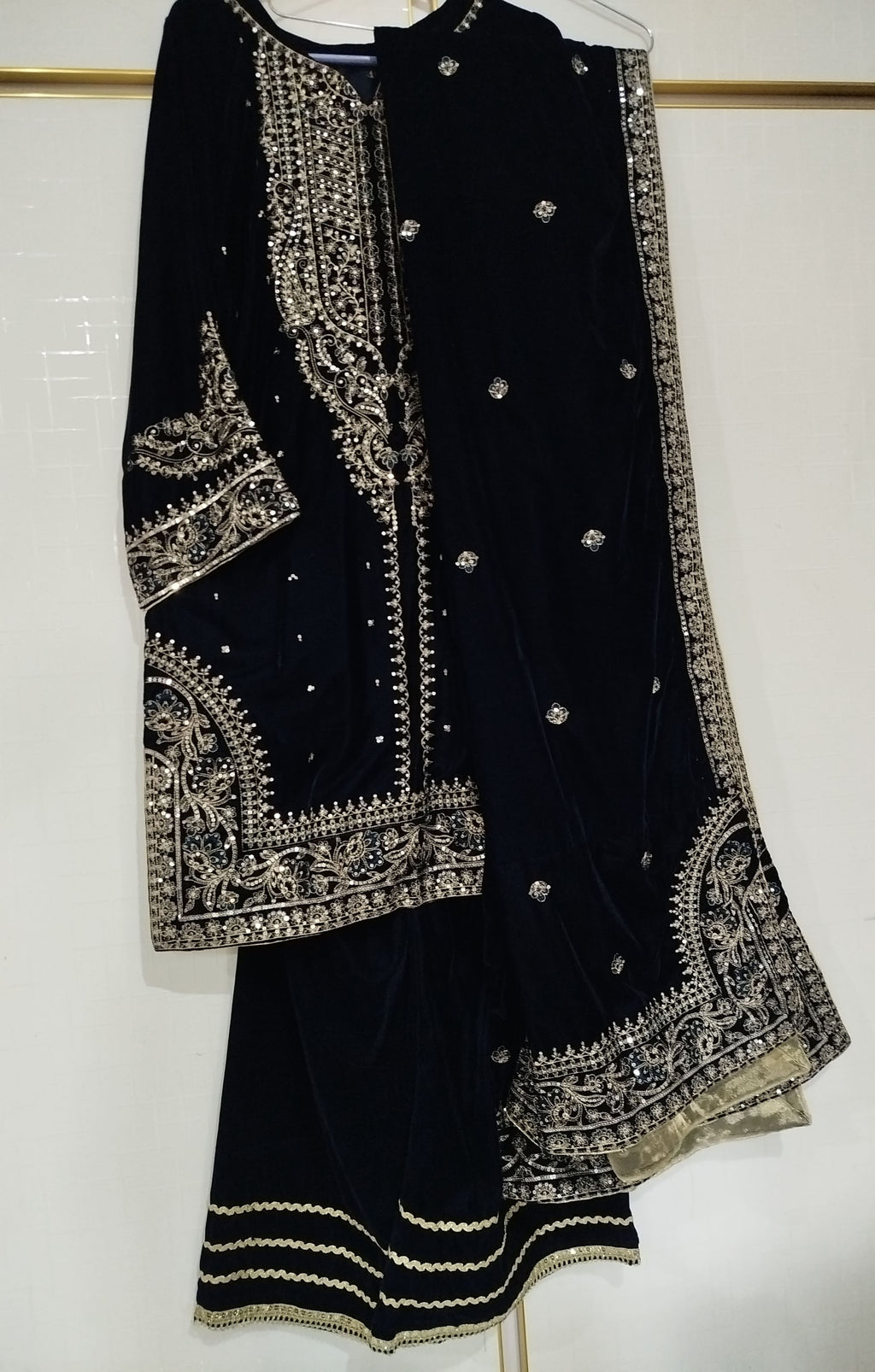Embroidered Navy blue Velvet Sharara wedding dress