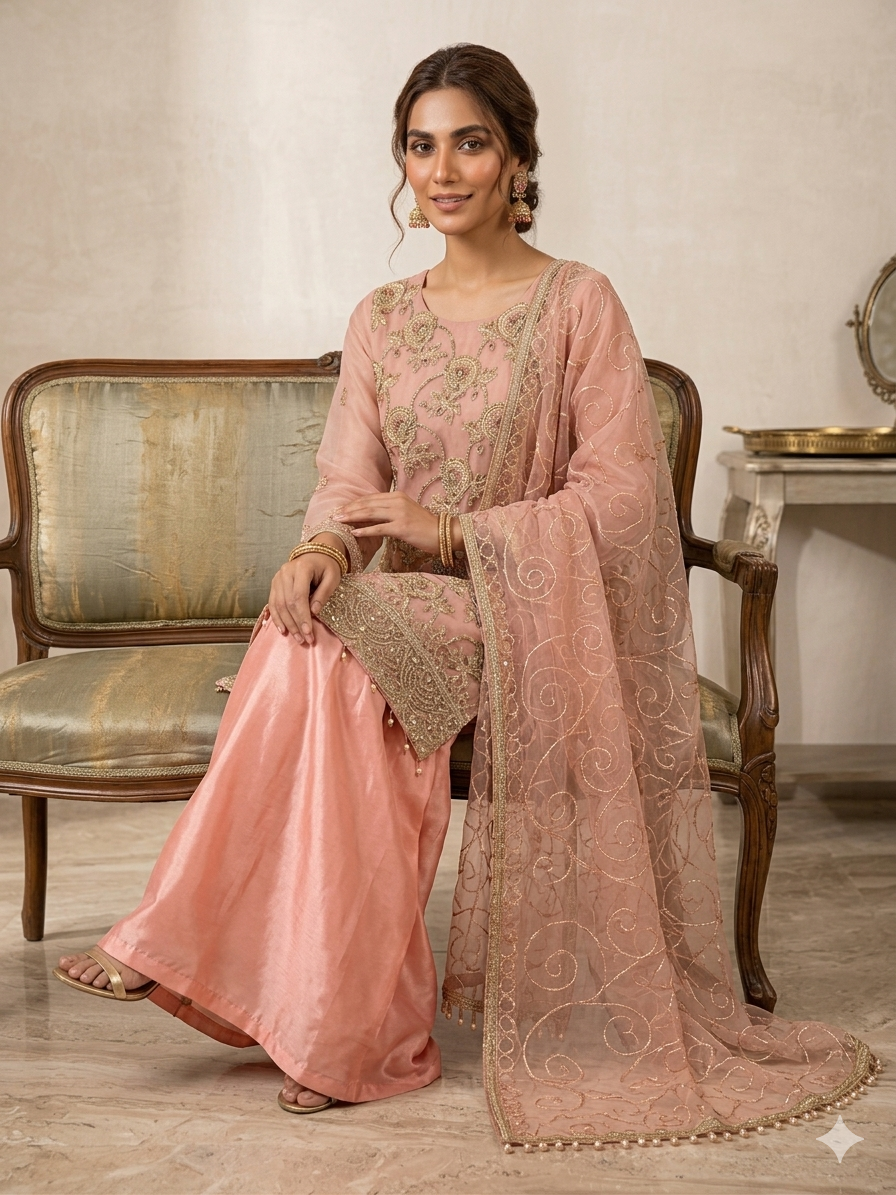 Embroidered pink Sharara set