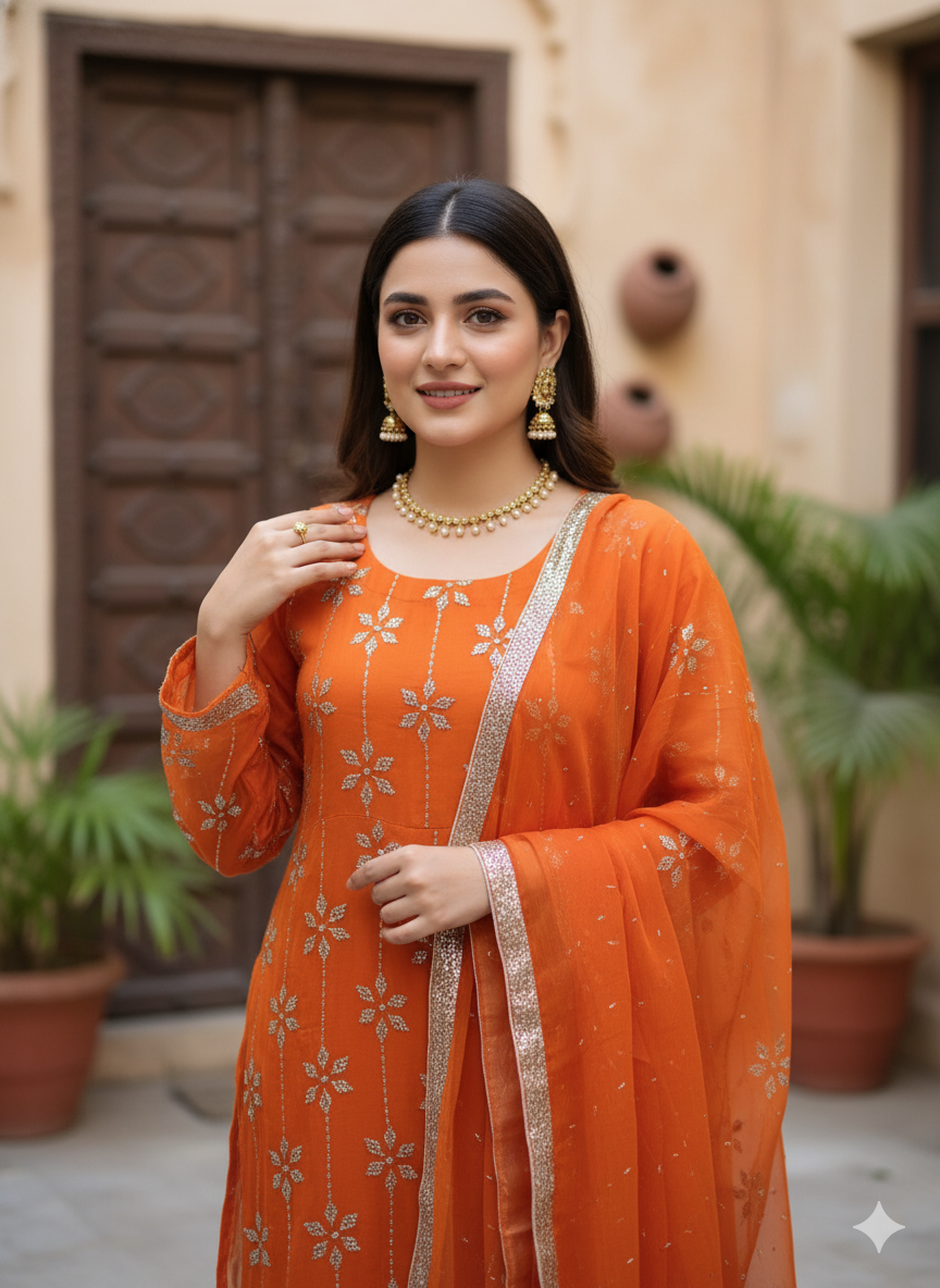 Heavy kamdani mukaish orange wedding suit