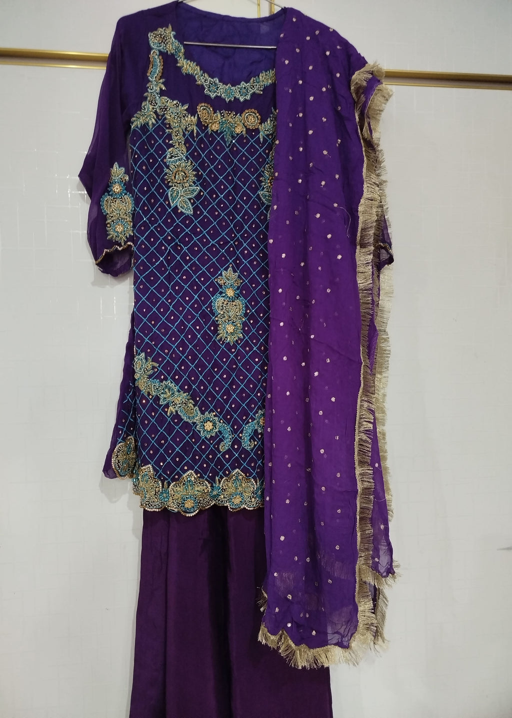 Luxury Embroidered Purple pure chiffon Sharara wedding dress