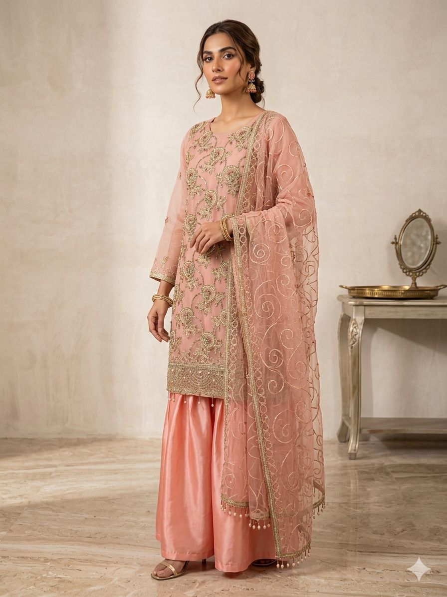Embroidered pink Sharara set