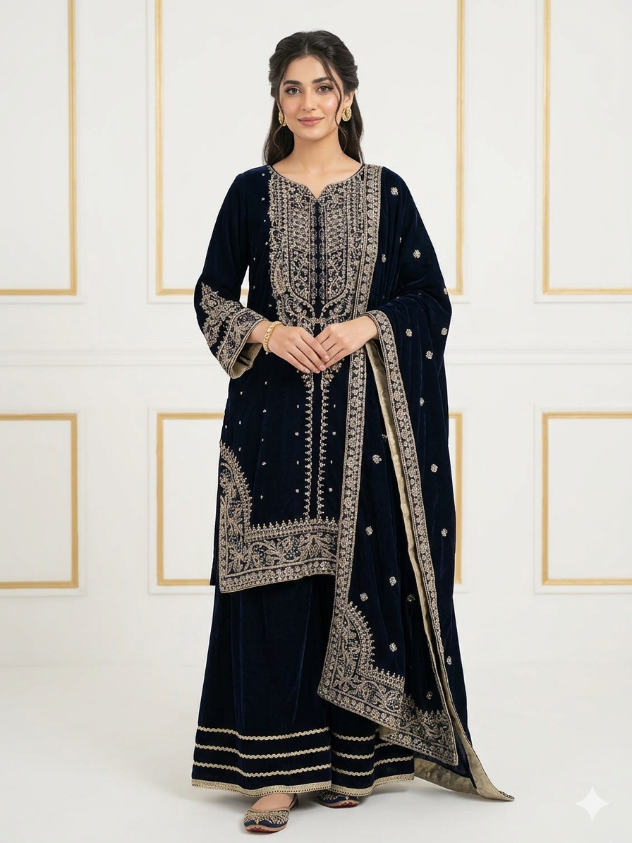 Embroidered Navy blue Velvet Sharara wedding dress