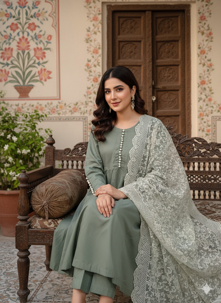 Elegant Rosemary green silk frock