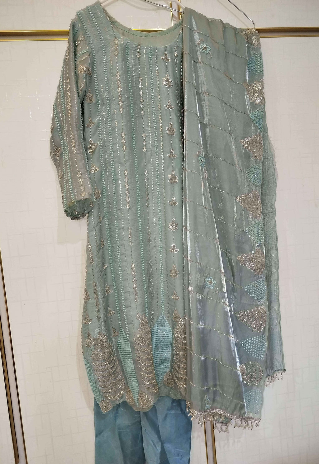Embroidered sky Blue Silk trouser shirt