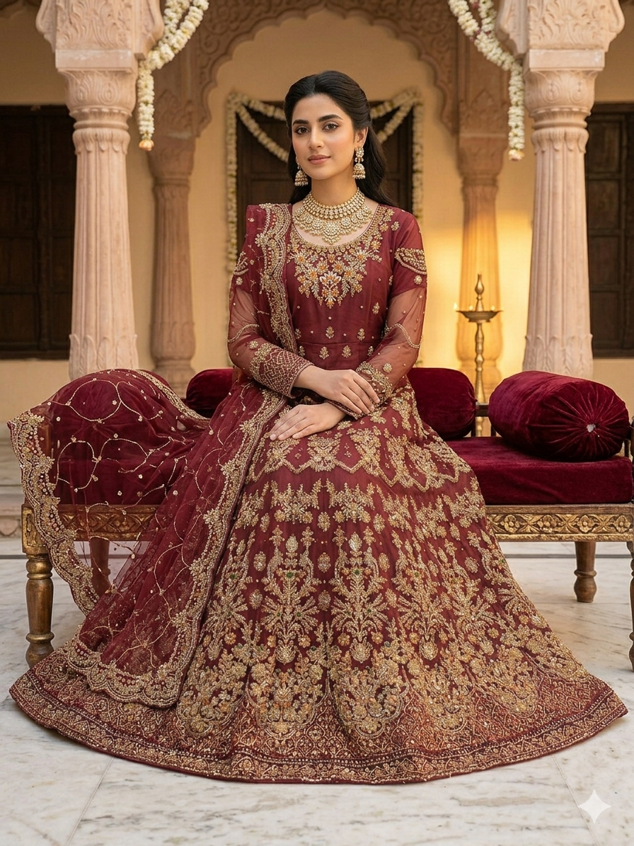 Luxury Embroidered Mehroon Maxi wedding dress