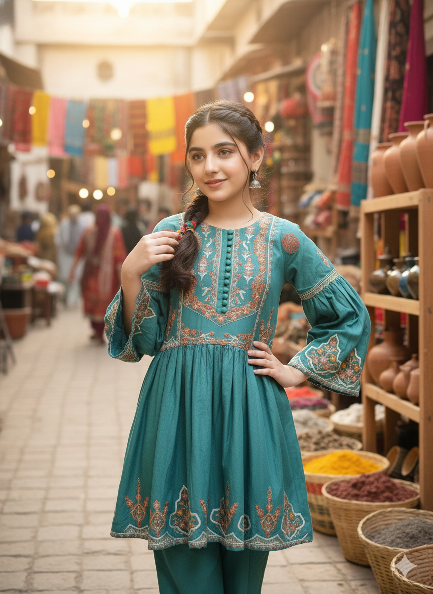 Embroidered green frock for girls