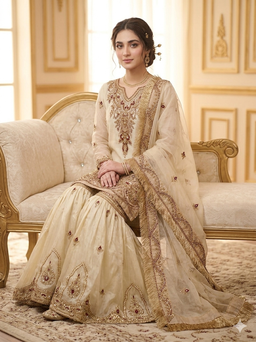 Glamorous Embroidered Offwhite Gharara bridal dress