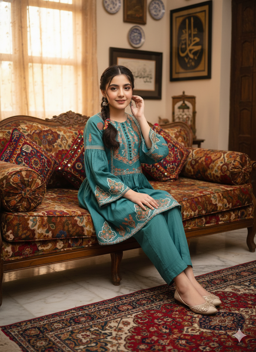 Embroidered green frock for girls