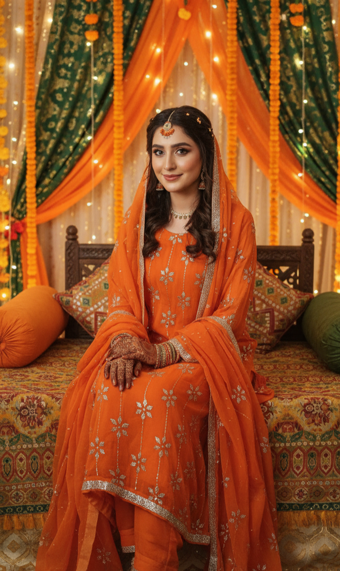 Heavy kamdani mukaish orange wedding suit