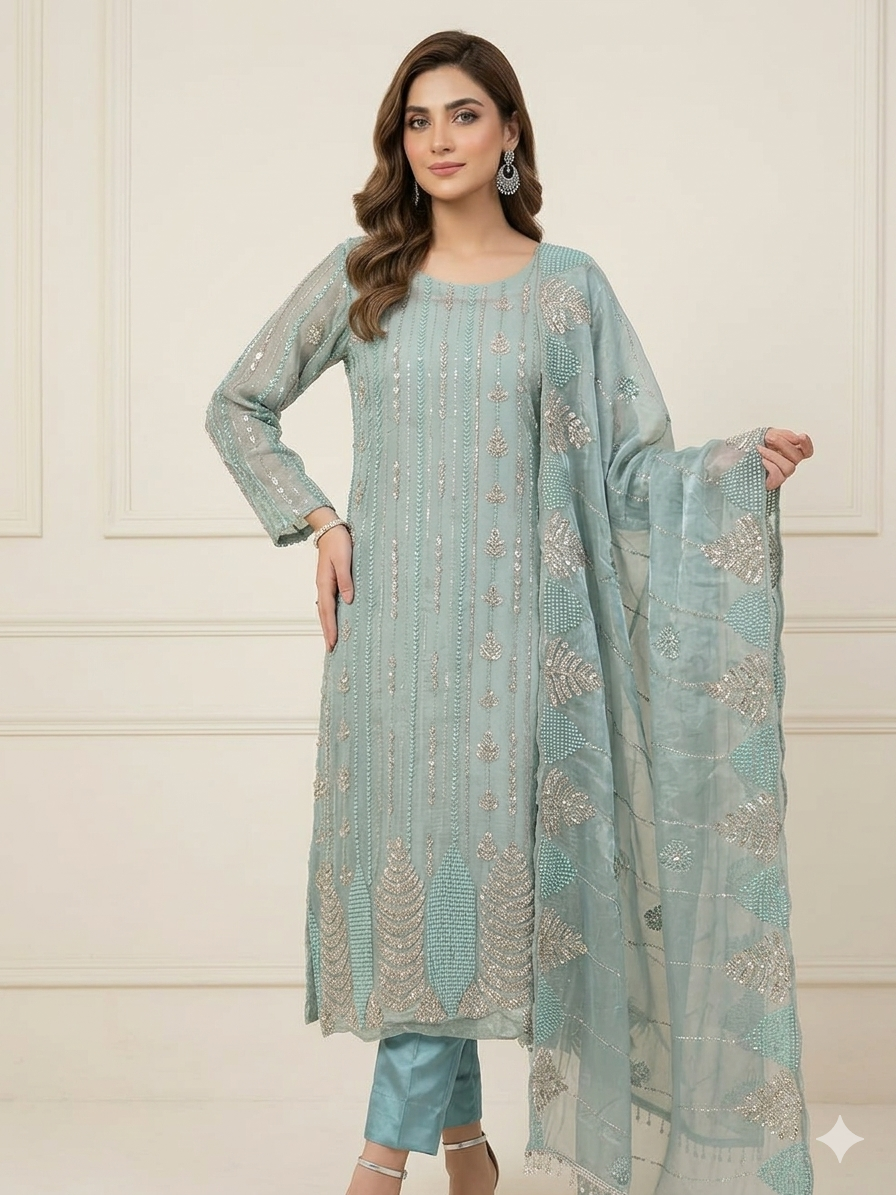 Embroidered sky Blue Silk trouser shirt