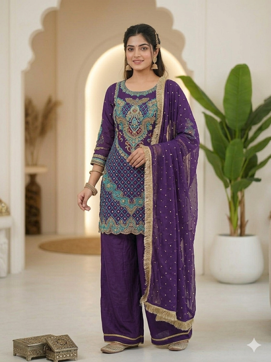 Luxury Embroidered Purple pure chiffon Sharara wedding dress