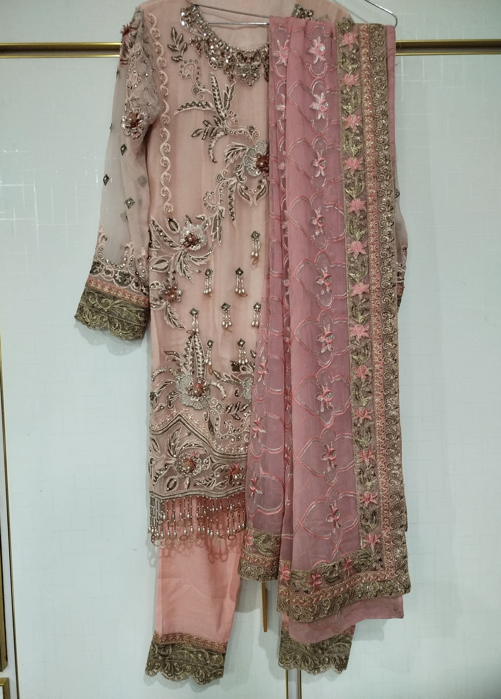 Luxury Embroidered peach pink pure chiffon wedding dress
