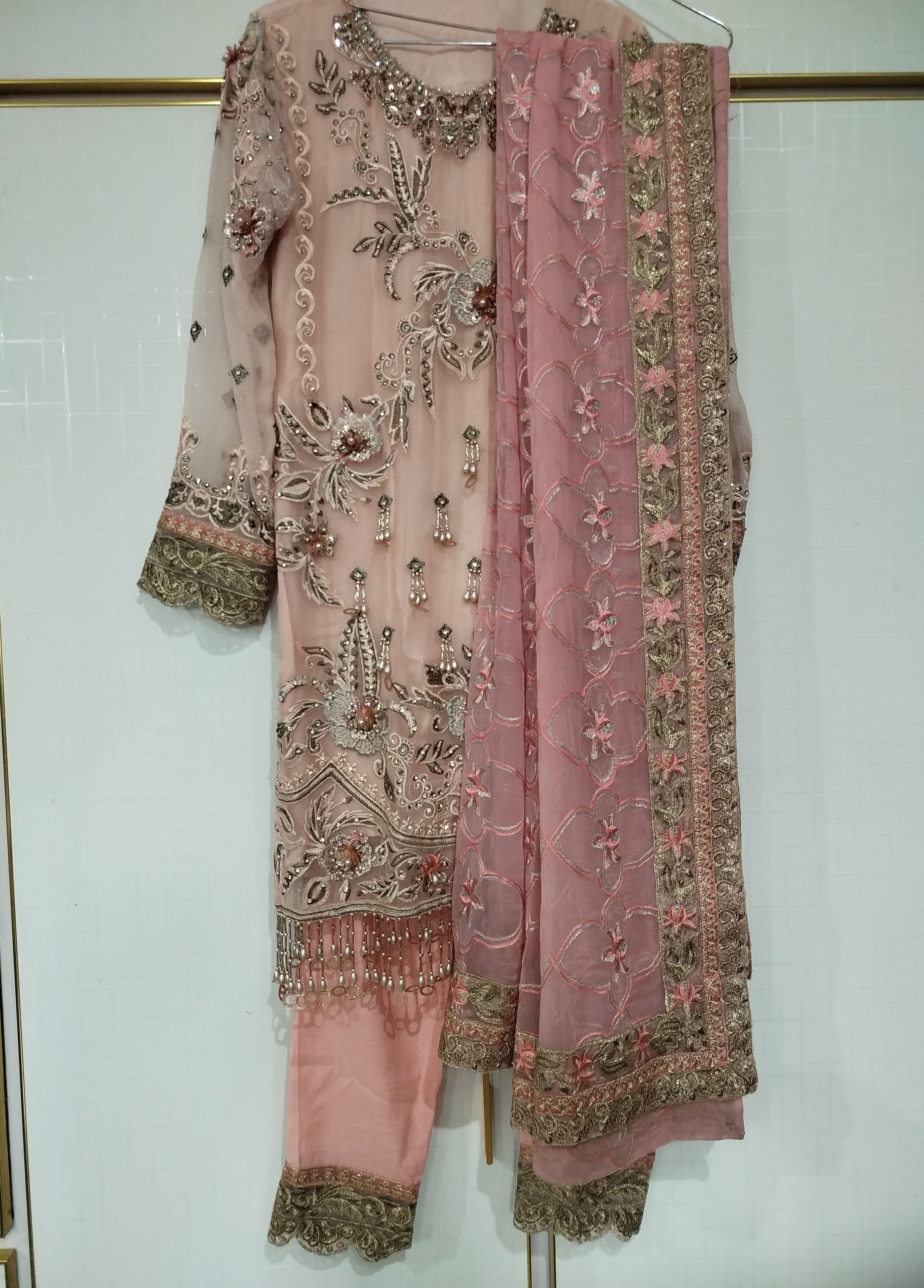 Luxury Embroidered peach pink pure chiffon wedding dress
