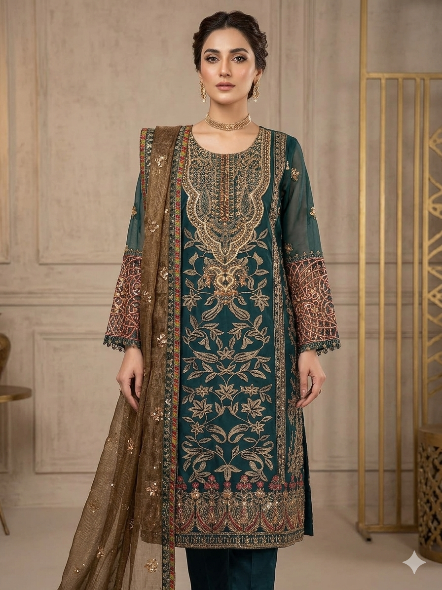 Embroidered Green Organza suit