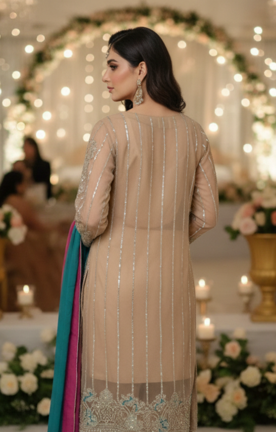 Heavy Embroidered Peach Pink wedding dress