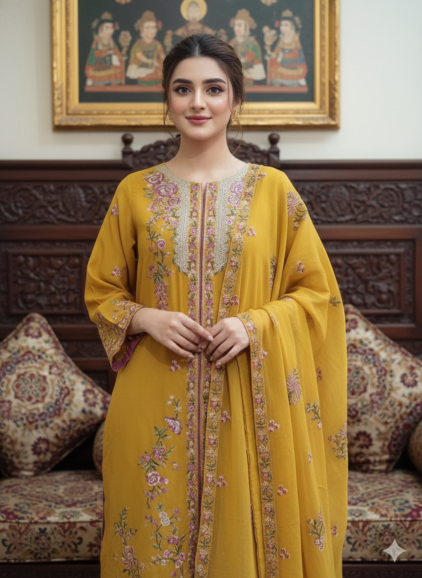 Luxury Embroidered yellow golden Karandi Suit