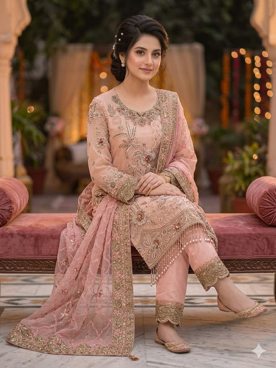 Luxury Embroidered peach pink pure chiffon wedding dress