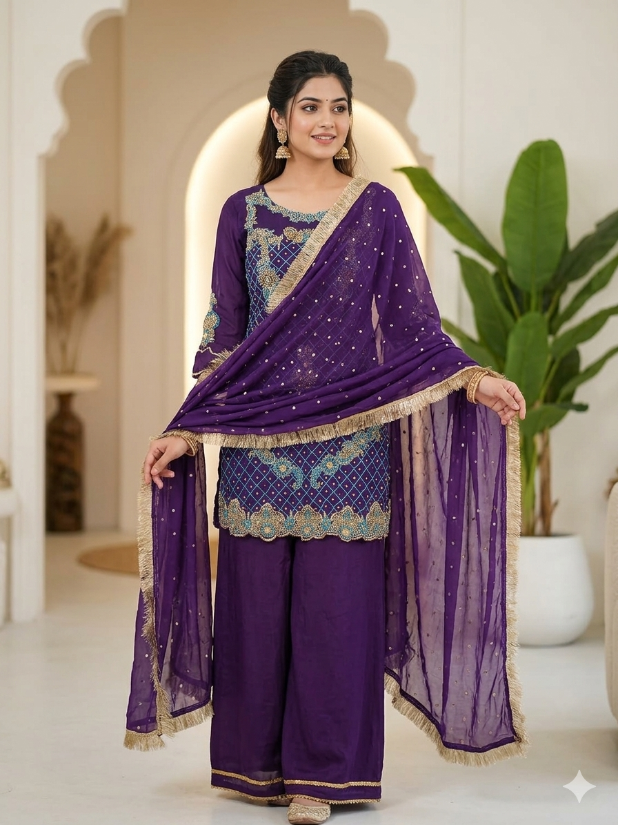 Luxury Embroidered Purple pure chiffon Sharara wedding dress