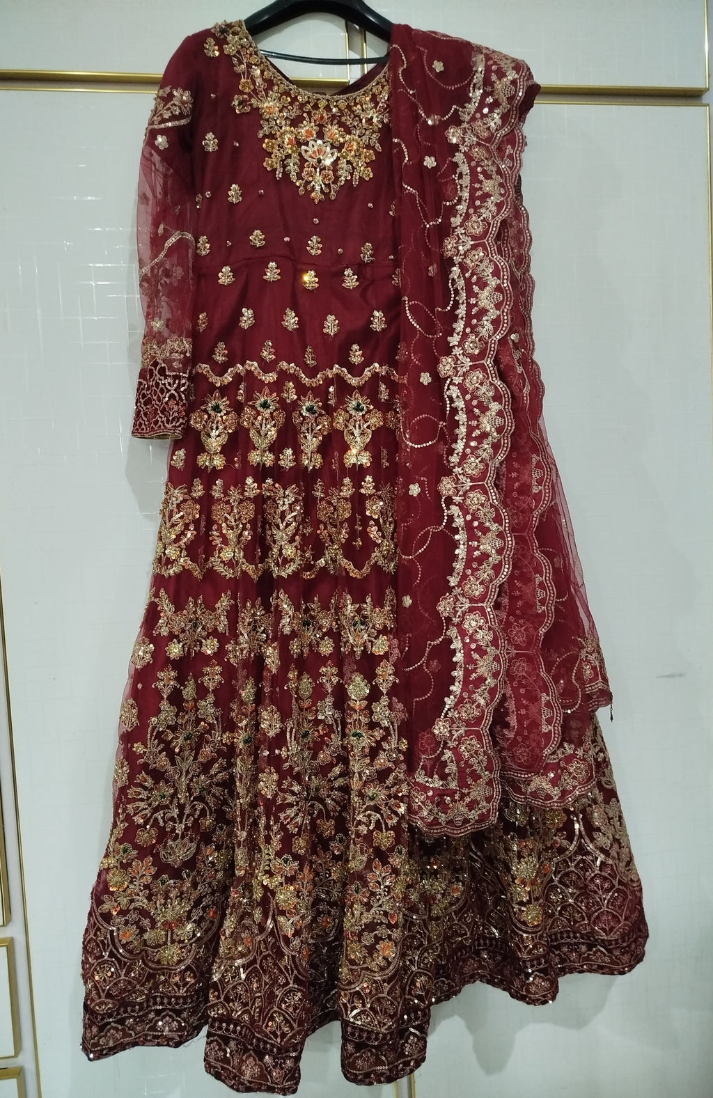 Luxury Embroidered Mehroon Maxi wedding dress
