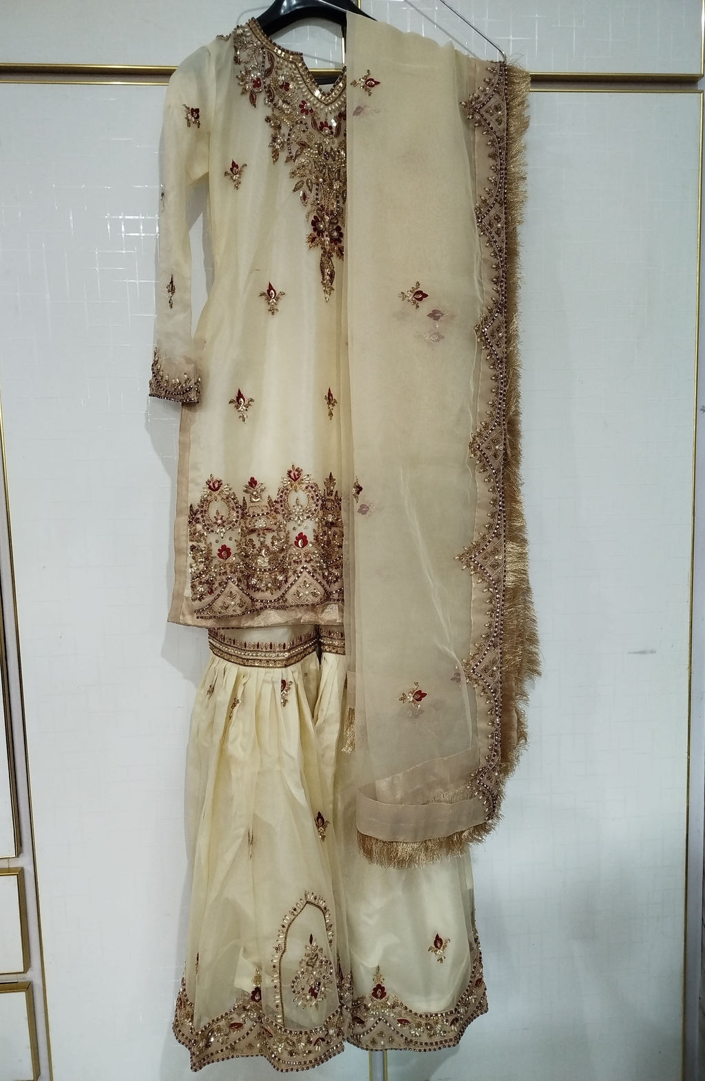 Glamorous Embroidered Offwhite Gharara bridal dress