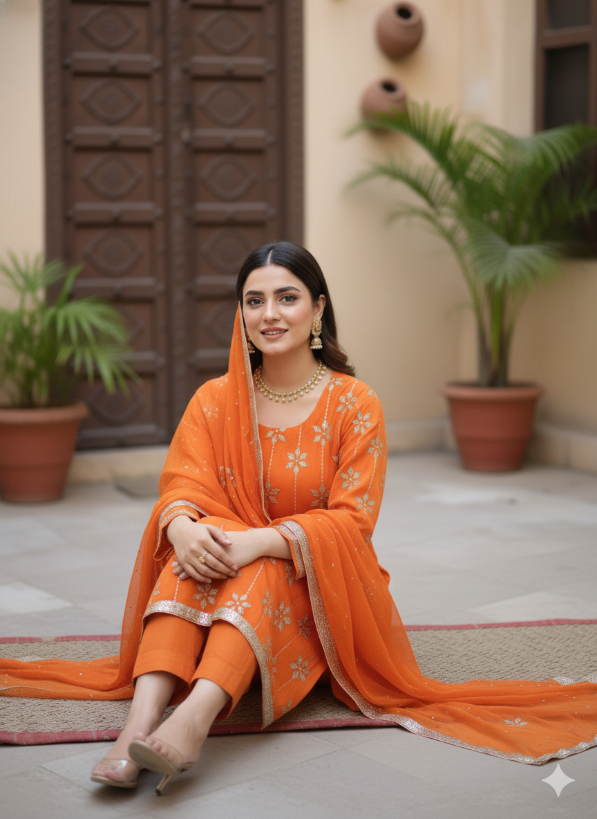 Heavy kamdani mukaish orange wedding suit