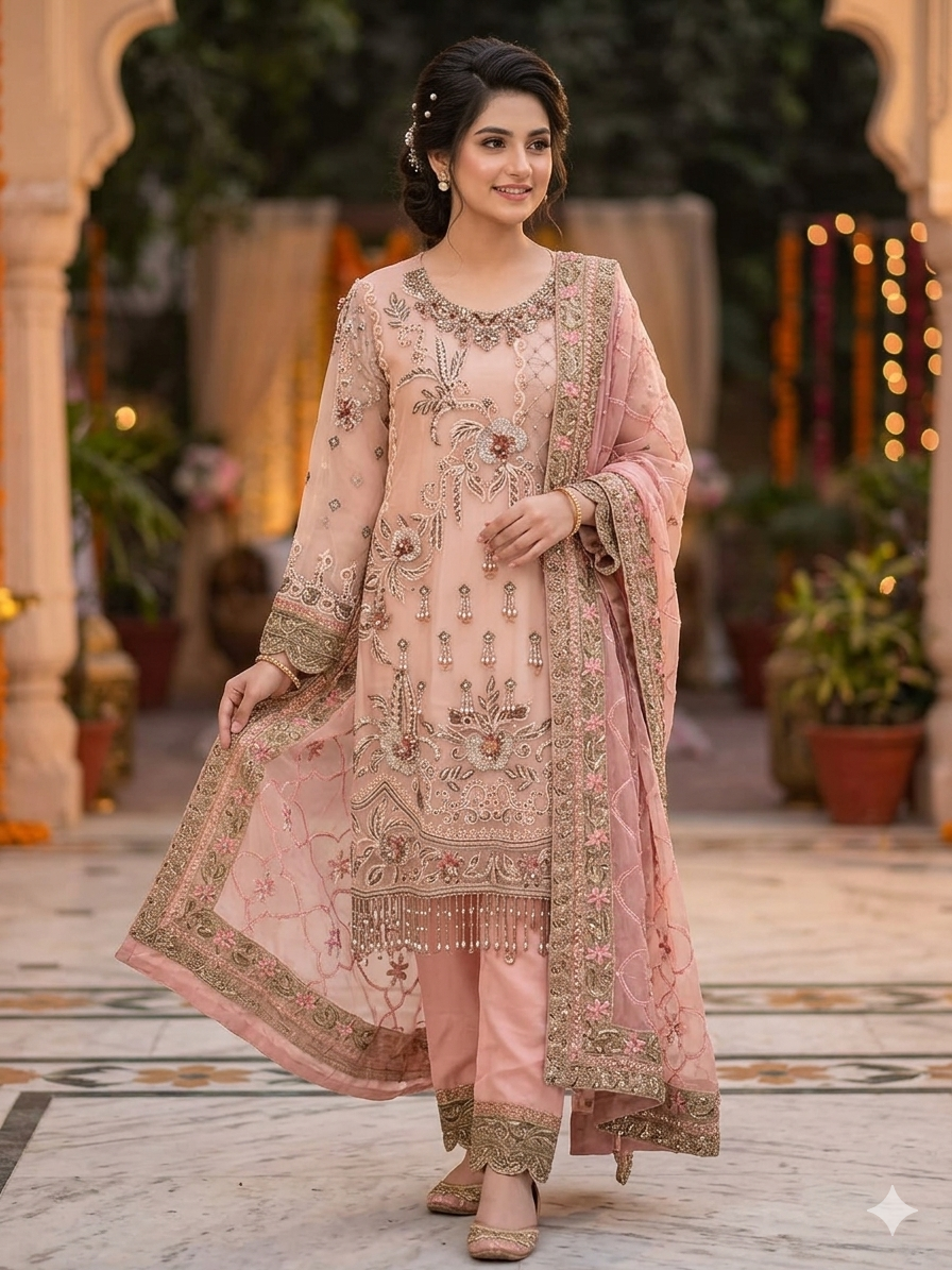 Luxury Embroidered peach pink pure chiffon wedding dress