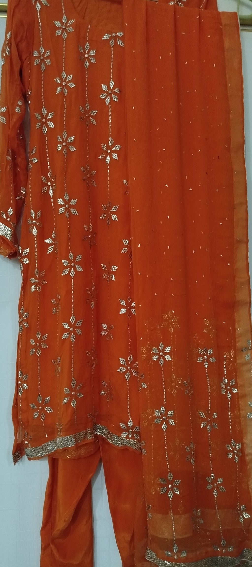 Heavy kamdani mukaish orange wedding suit