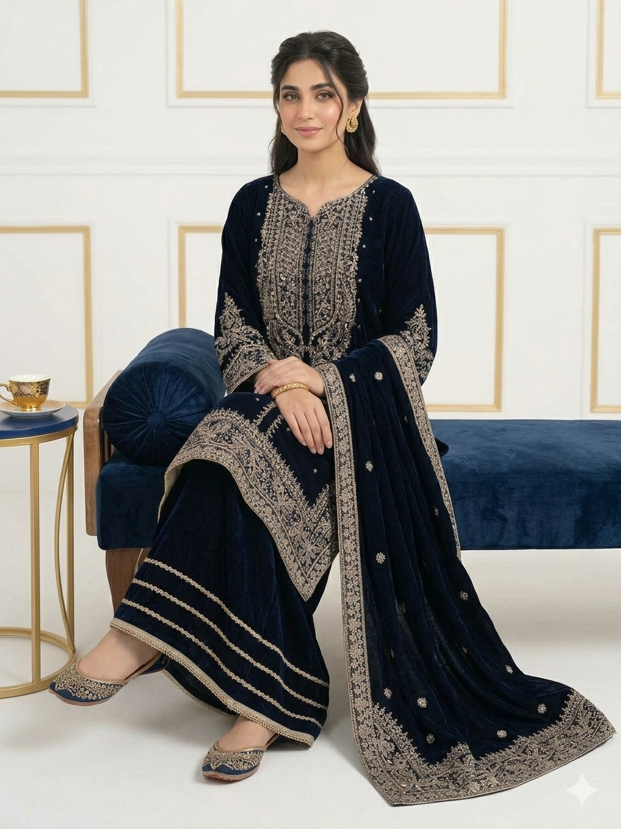 Embroidered Navy blue Velvet Sharara wedding dress