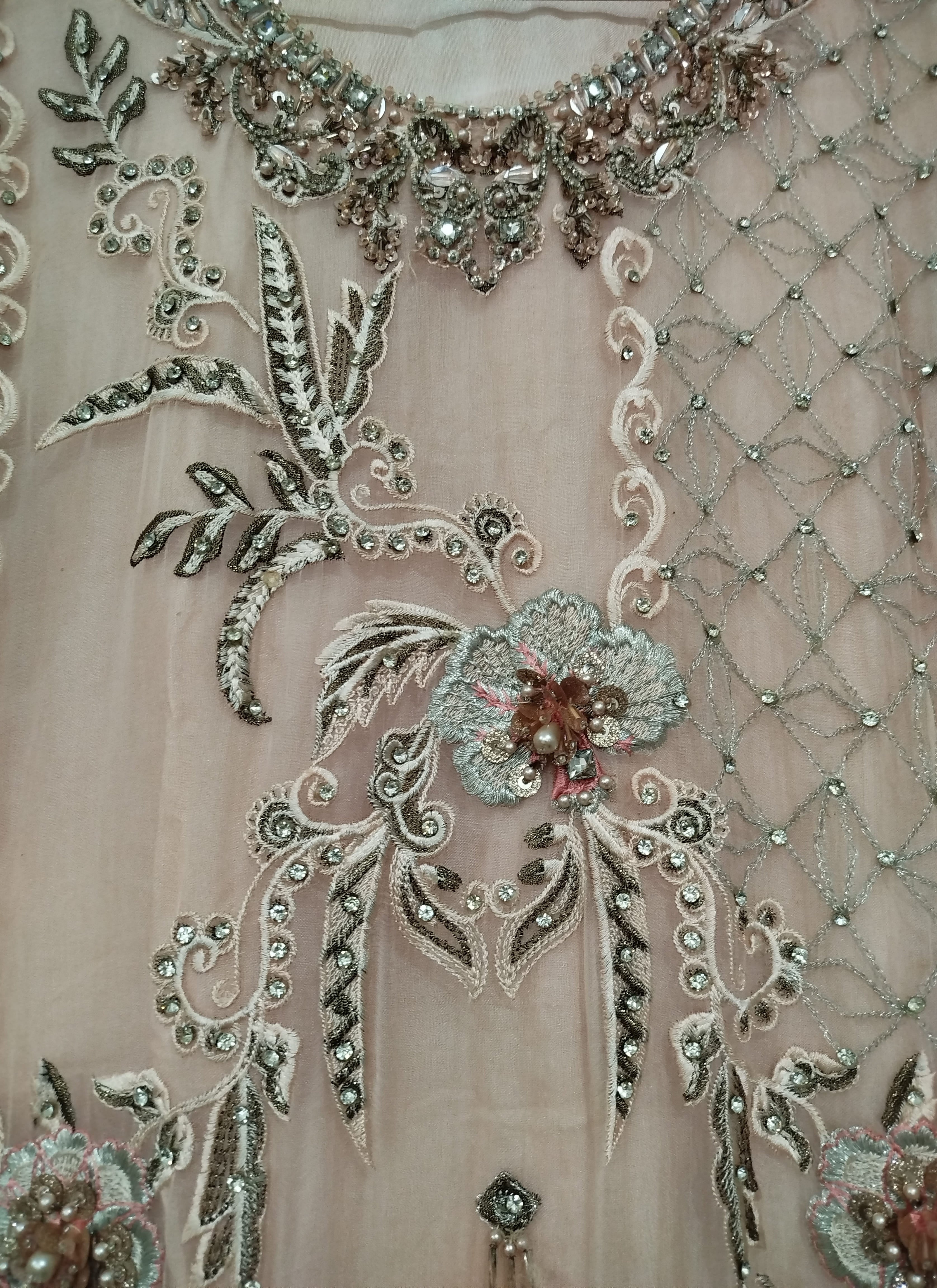 Luxury Embroidered peach pink pure chiffon wedding dress