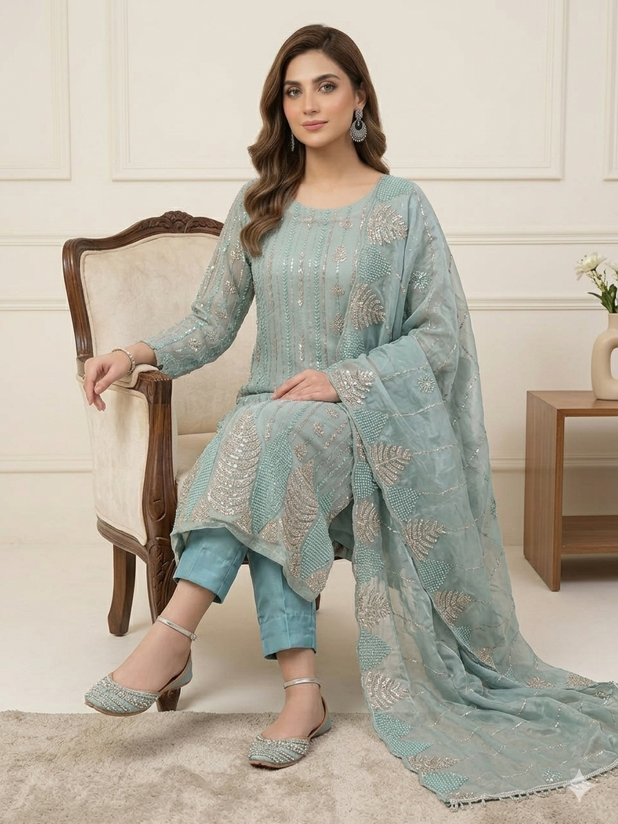 Embroidered sky Blue Silk trouser shirt