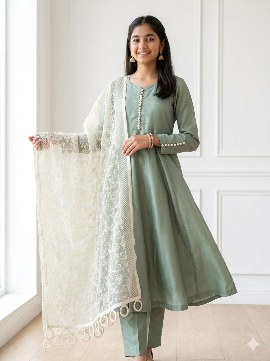 Elegant Rosemary green silk frock
