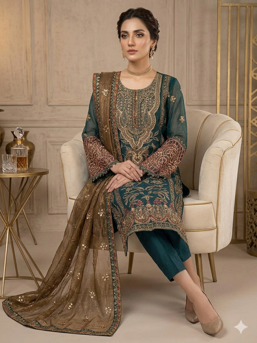 Embroidered Green Organza suit