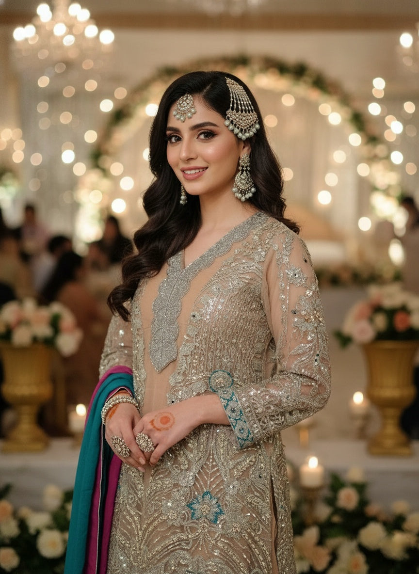 Heavy Embroidered Peach Pink wedding dress