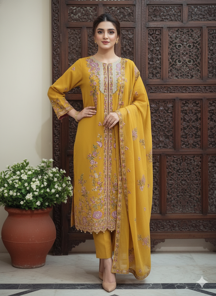 Luxury Embroidered yellow golden Karandi Suit