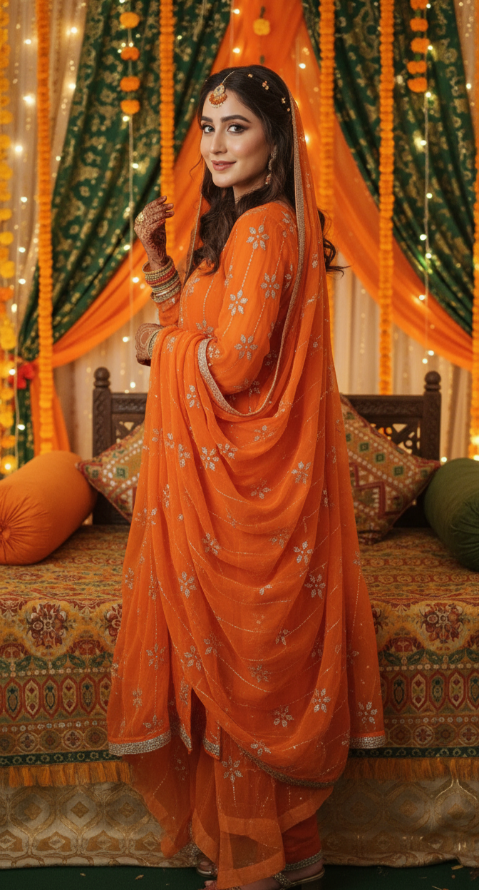 Heavy kamdani mukaish orange wedding suit