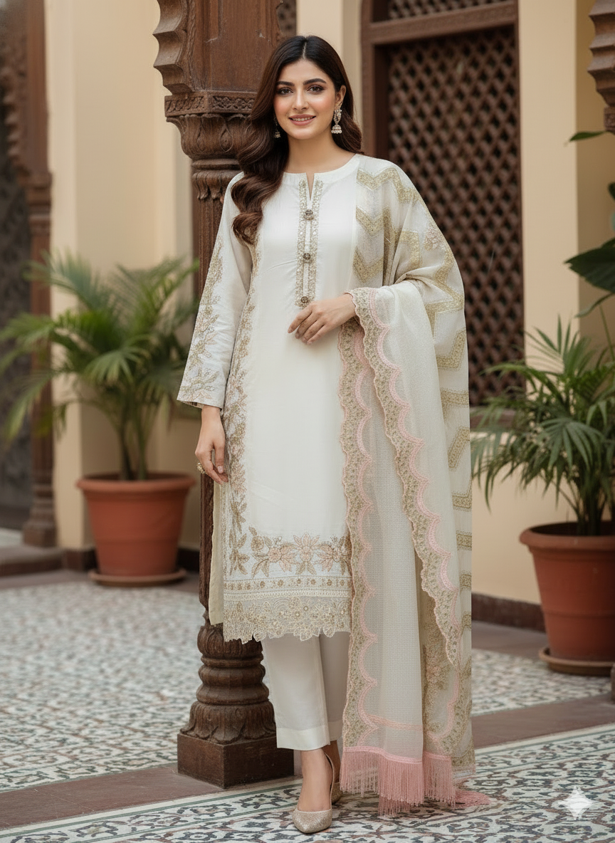 Luxury Embroidered Offwhite Lawn Suit