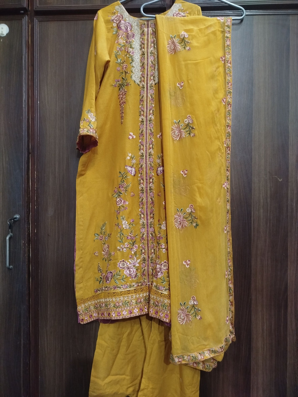 Luxury Embroidered yellow golden Karandi Suit