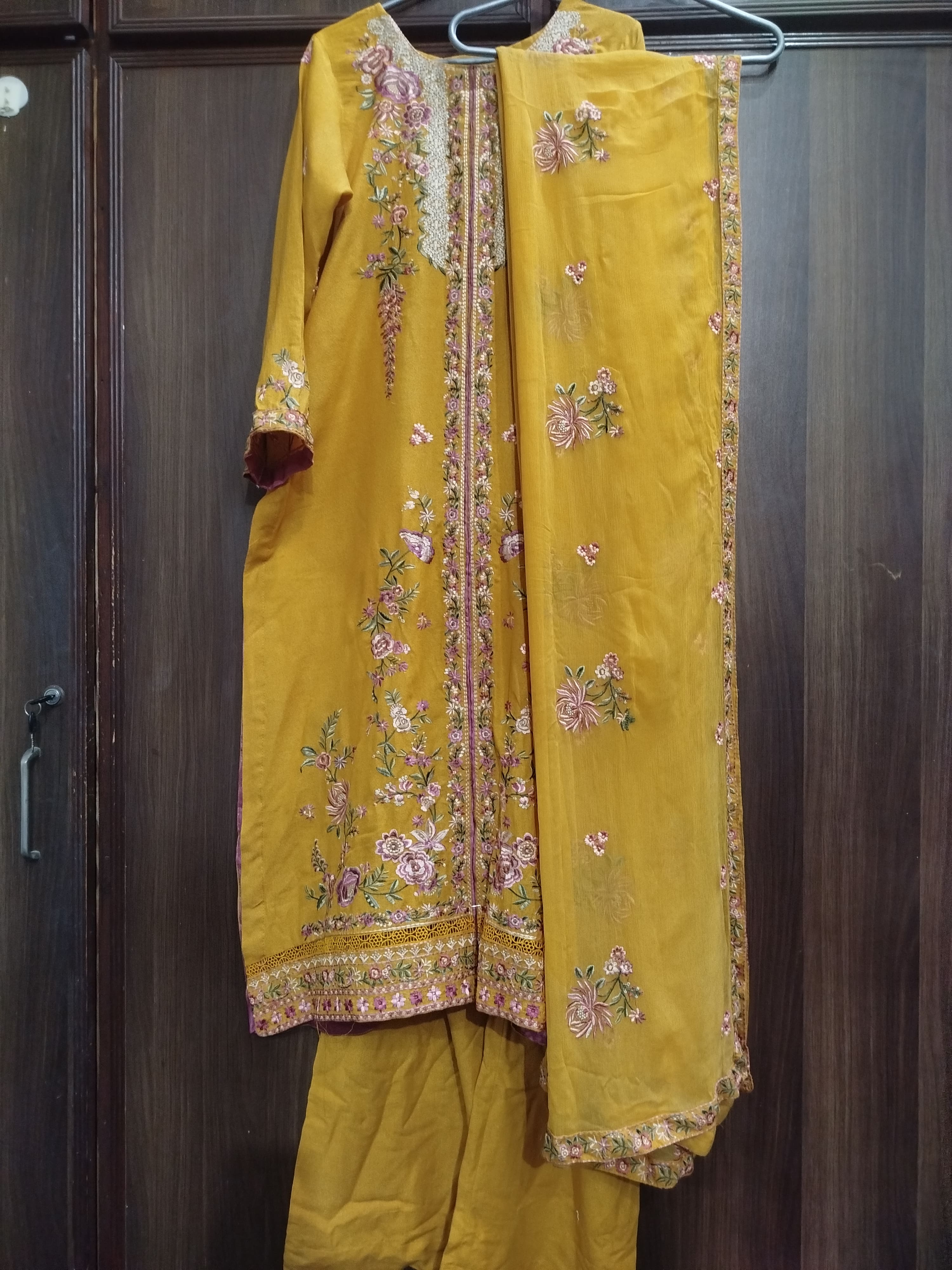 Luxury Embroidered yellow golden Karandi Suit